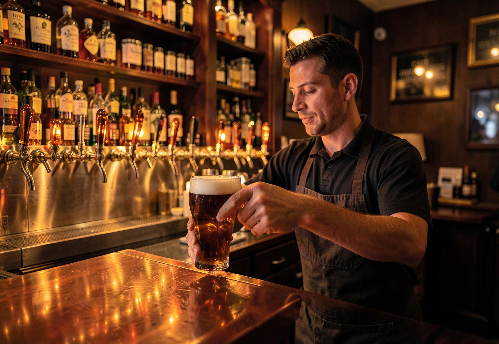 Bartender tapt een vers biertje in een gezellig café — nieuwe kaart en seizoensdranken bijwerken
