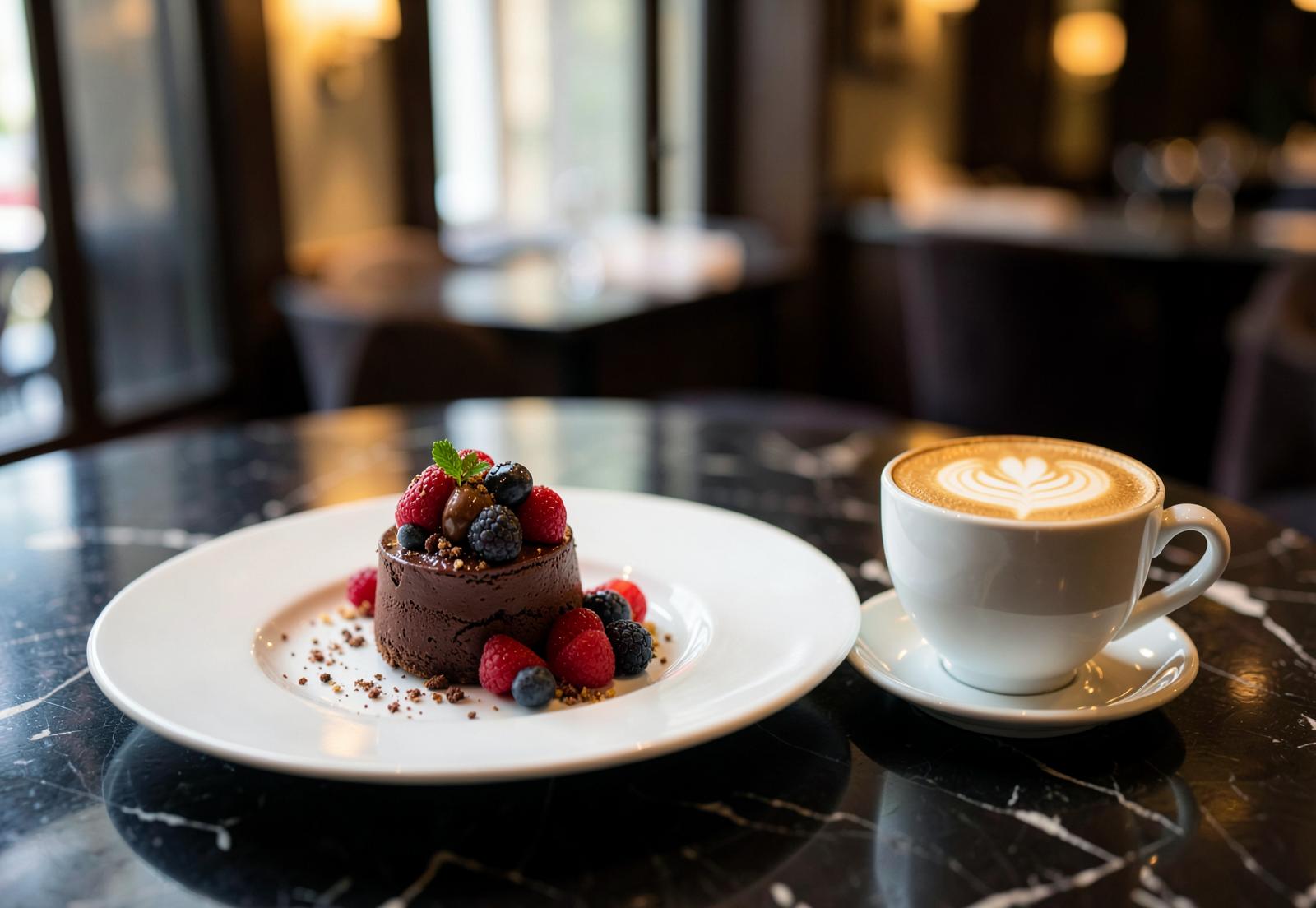 Elegant dessert met koffie op een gedekte tafel — voorbeeld van een gerecht op de menukaartpagina